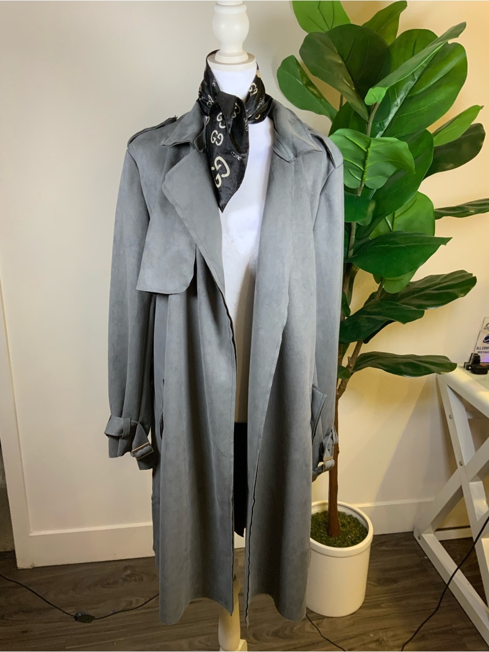 LOVE FOR HUMANITY Black Label Gray Suede Trench Coat with Wide Lapels